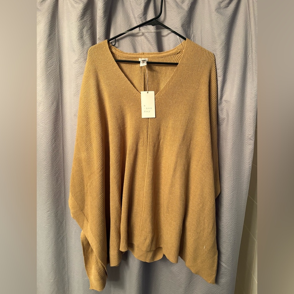 Women's V-Neck Sweater Poncho- Tan